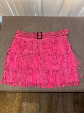 Hot Pink Fringe Mini Skirt with Belt